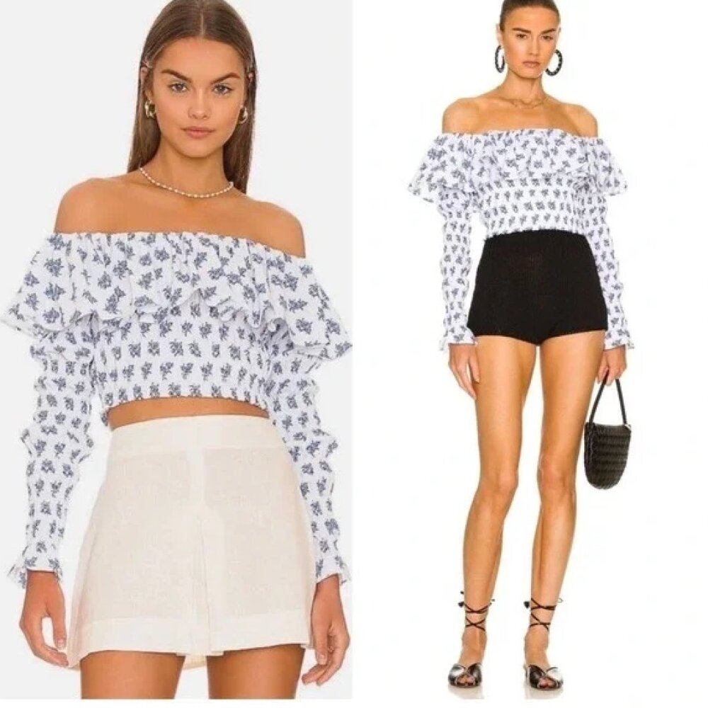 NWT Caroline Constas Lydia Top in blue toile print